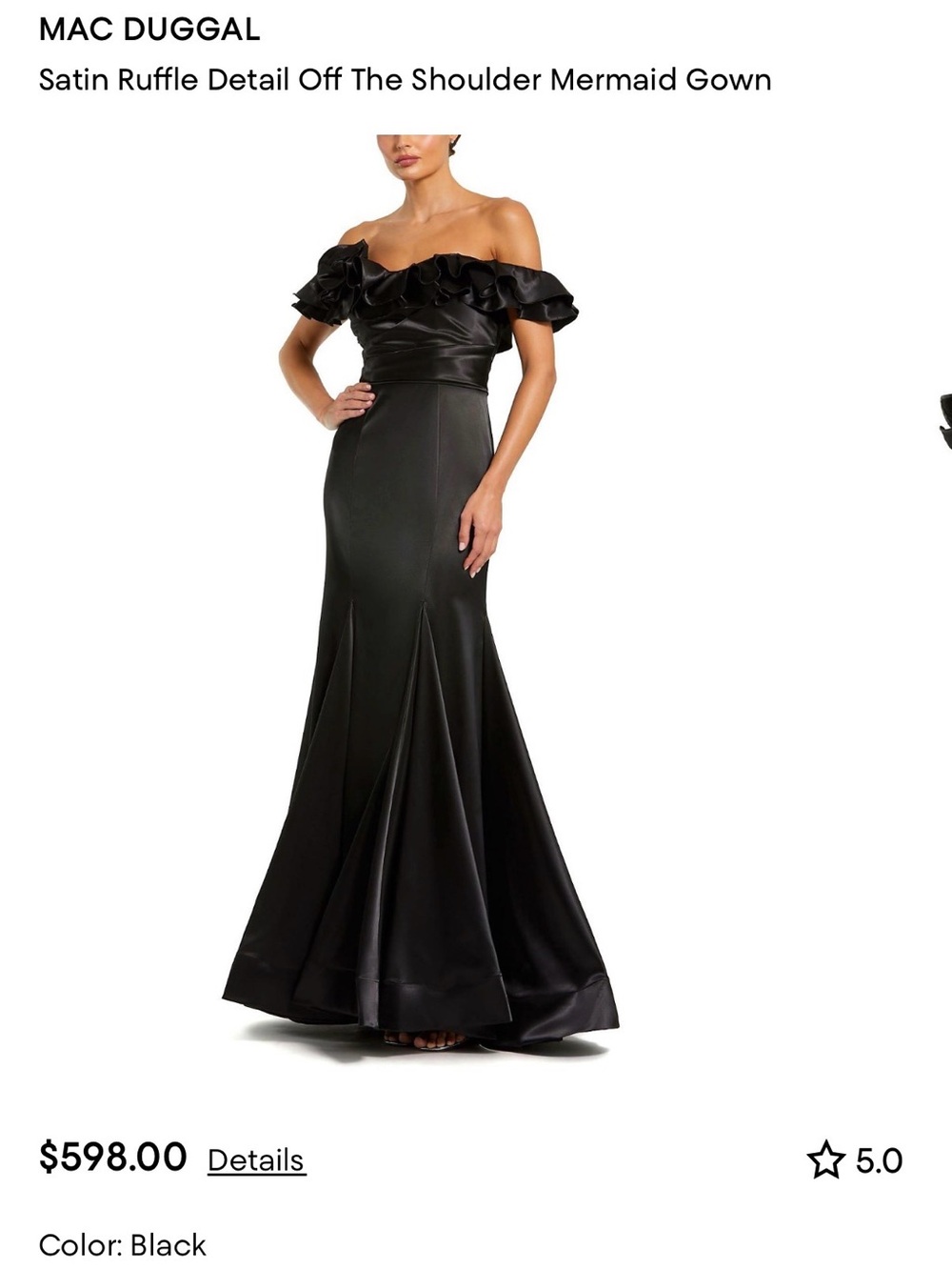 MACDUGGAL Off-Shoulder Black Satin Evening Gown with Floral Detail - Picture 4 of 7